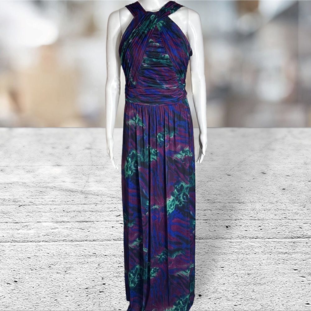 Sangria Multicolor Print Gown Purple Halter Neck